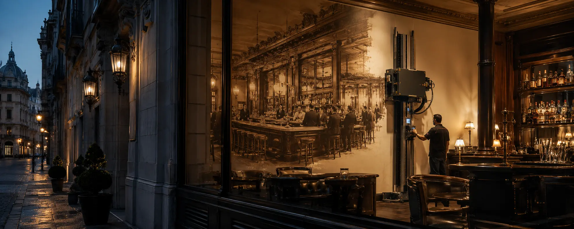 Concept visualization of a wall printer recreating a historical hotel bar scene